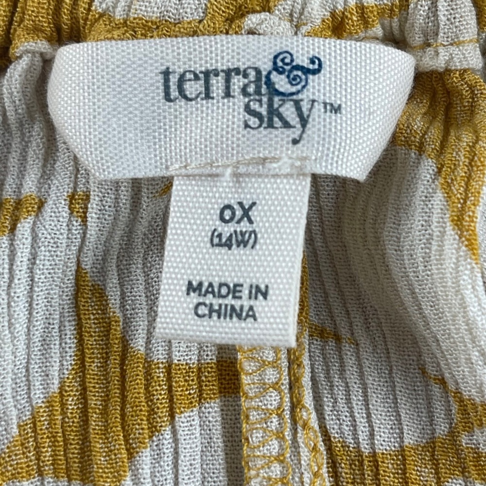 Terra & Sky Womens 0X 14W Mustard Yellow Abstract Floral Peasant Blouse Top - Picture 2 of 7